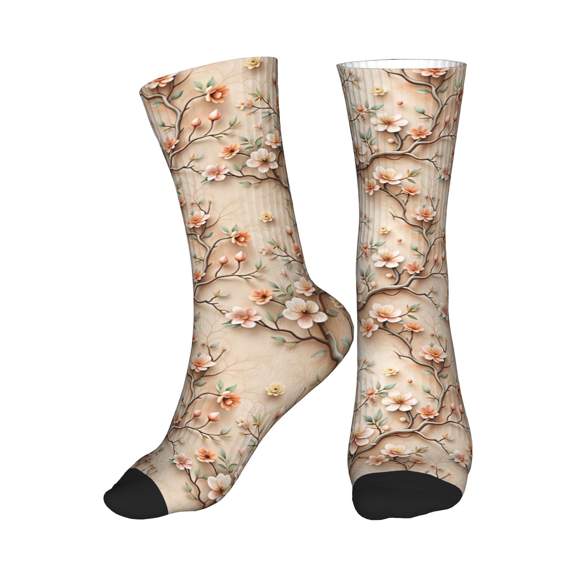 3D Printing Clay - 3D-Socken mit geprägtem Pfirsich-Magnolien-Zweig-Blumenmuster für Herren